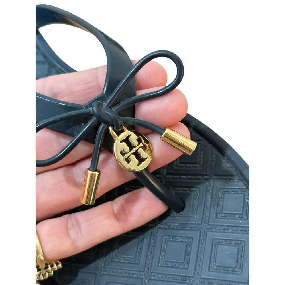 Tory Burch Jelly Bow Thong Sandals Women's Size 7 Gold Logo Flip Flops Summer